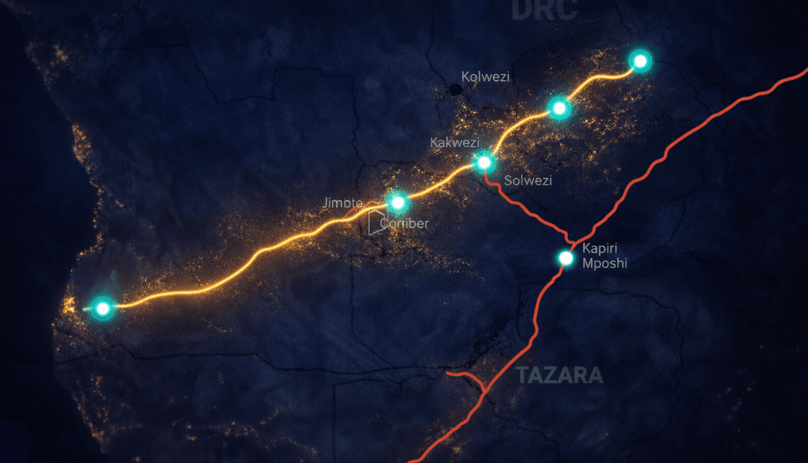 Lobito Corridor satellite map showing trade routes across Zambia, DRC, and Angola